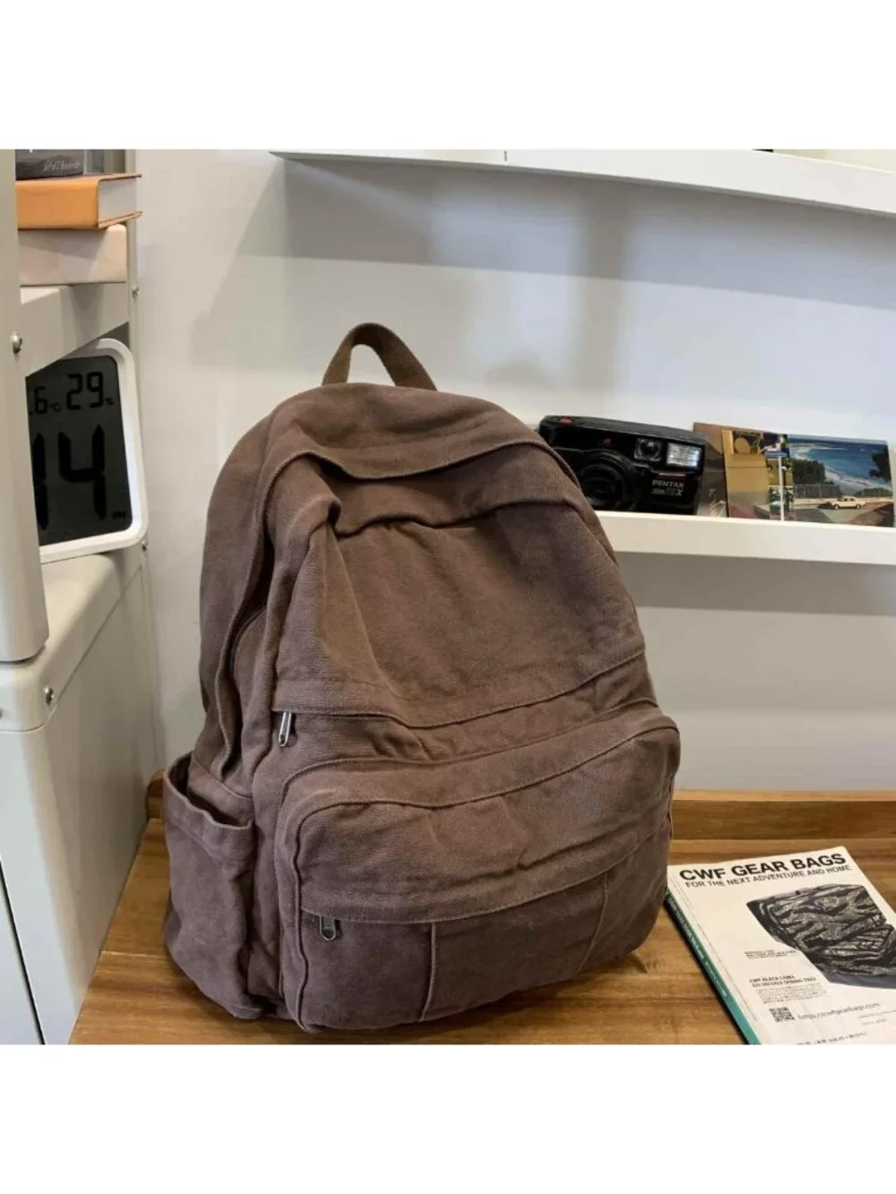 Coffee Brown Canvas Backpack - Retro Aesthetic Rucksack for Students & Travel